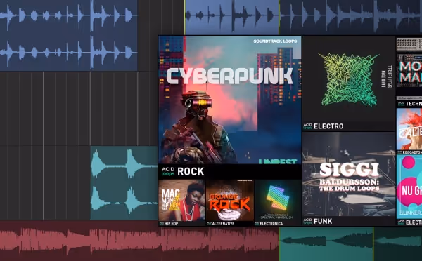 Digital audio workstation interface showing multiple colored sound wave tracks and various music loop sample thumbnails labeled Cyberpunk, Acid Rock, Electro, Funk, and others.