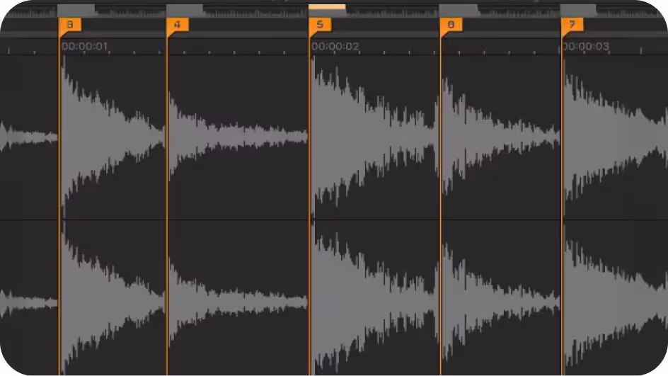 Audio editing software interface displaying waveform segments divided by orange markers numbered 3 to 7.