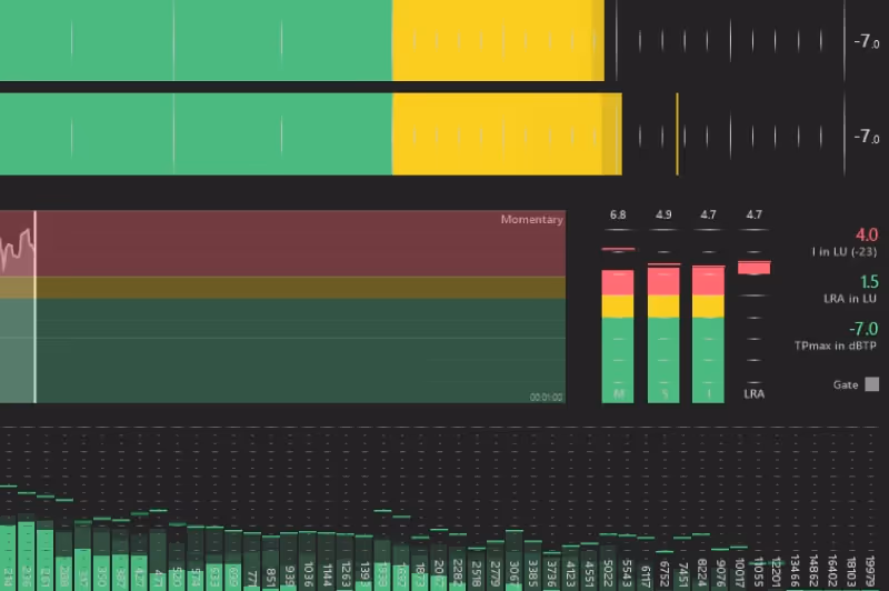 Audio mixing software interface showing volume levels, frequency bars, and detailed sound meters in green, yellow, and red.