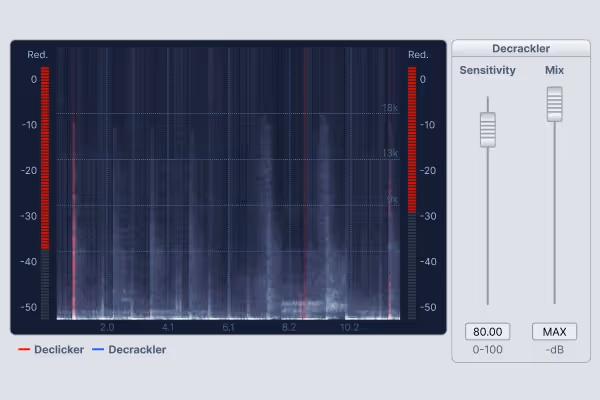 Audio software interface showing a frequency spectrum with red and blue lines for Declicker and Decrackler, and sliders for Decrackler sensitivity and mix settings.