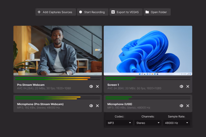 Software interface showing video and audio capture sources with a webcam feed of a man and a screen display, plus microphone settings and codec options.