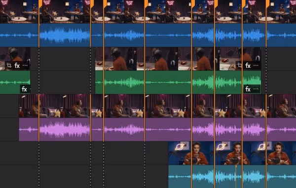 Video editing software timeline showing multiple video and audio tracks with waveforms and clips arranged sequentially.