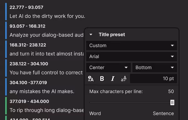 Subtitle editor interface showing time-coded text lines with font style, alignment, and character settings.