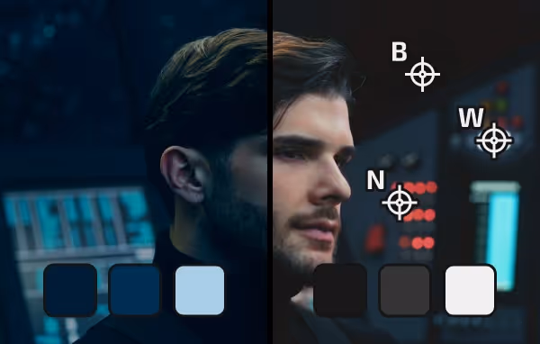 Split image of a man's face with color grading points labeled B, W, and N on the right side and corresponding blue and grayscale color swatches below.
