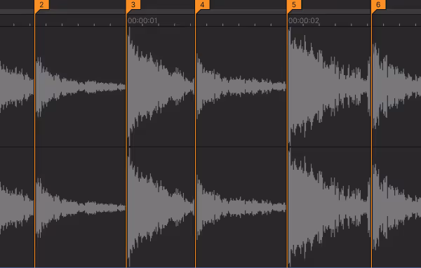 Close-up of audio tracks with waveforms and beat markers in a digital audio workstation interface.