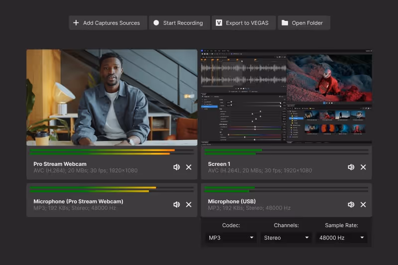 Video recording software interface showing live webcam feed of man, screen capture of video editing, and audio input levels for webcam and USB microphone.