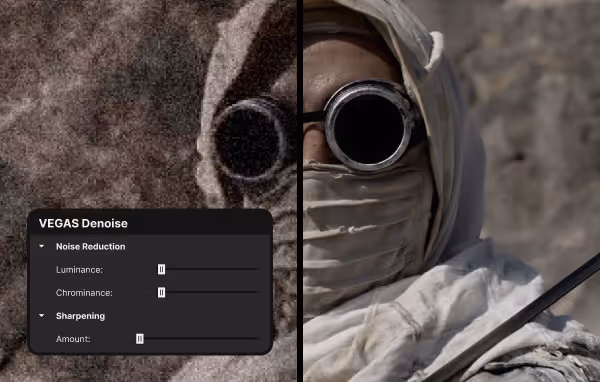 Split-screen showing a person wearing goggles and a face covering, with left side grainy and noisy and right side clear after applying Vegas Pro denoise settings.