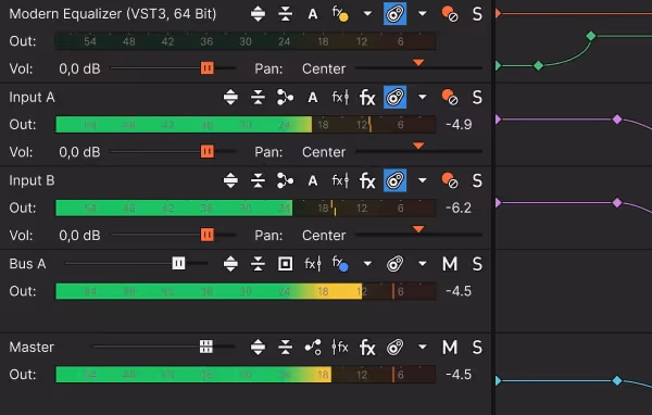 Audio mixing interface showing volume levels and pan controls for Modern Equalizer with inputs, bus A, and master output.
