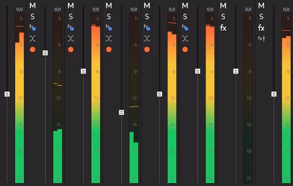Audio mixing interface showing multiple vertical input signal meters with volume levels in green, yellow, and red.