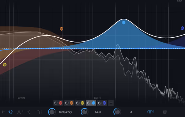 Modern audio equalizer interface showing frequency bands with adjustable gain curves and control knobs on a dark background.