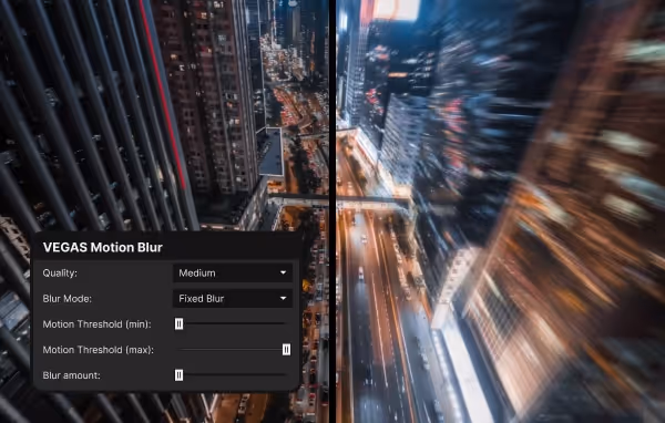 Night cityscape view from a high building split into clear left side and motion-blurred right side with Vegas Pro Motion Blur effect settings panel overlay.