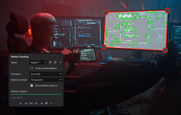 Person working on video editing software with a planar motion tracking interface showing tracked points on a screen.