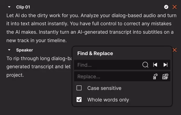 Software interface showing AI-generated transcript text with a Find & Replace dialog box for editing subtitles.