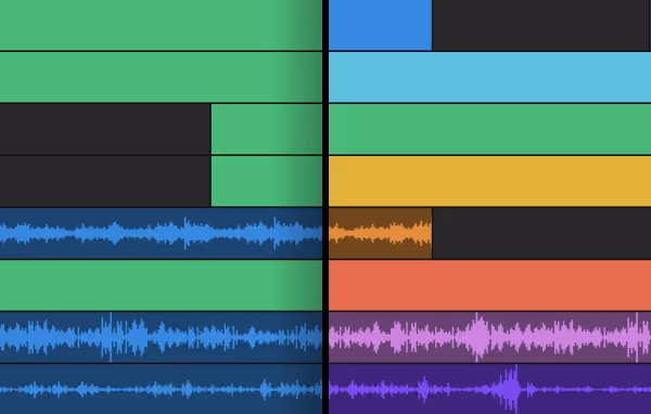 Colorful digital audio workstation interface showing stacked, multi-colored audio and waveform tracks.