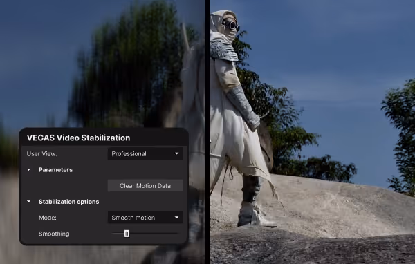 Split-screen image showing a video stabilization effect with a blurred left side and clear right side featuring a person in white armor walking on rocks.