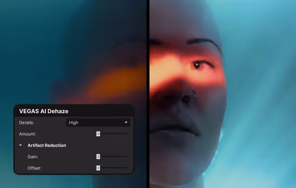 Split-screen image showing a woman's face with lighting effects on the right and Vegas AI Dehaze settings panel on the left.
