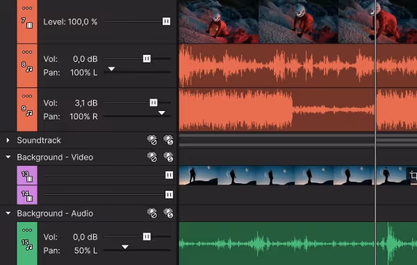 Video editing timeline showing multiple tracks with audio waveforms and video clips, including group track controls for volume and pan.