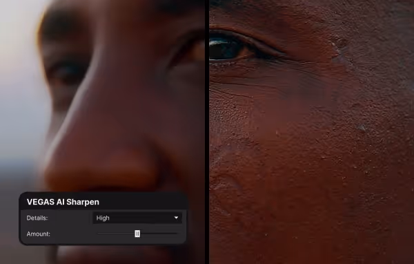 Split-screen close-up of a man's face showing AI sharpen effect with smoother left side and clearer textured right side, overlayed with VEGAS AI Sharpen settings panel.