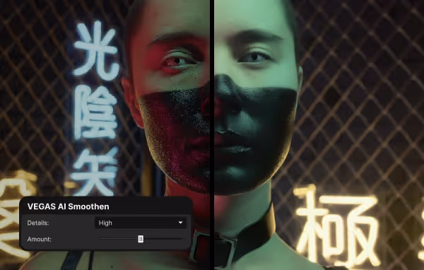 Split-screen portrait of a person with half their face textured in black and the other half smooth, overlaid with neon Asian characters and a Vegas AI Smoothen control panel.