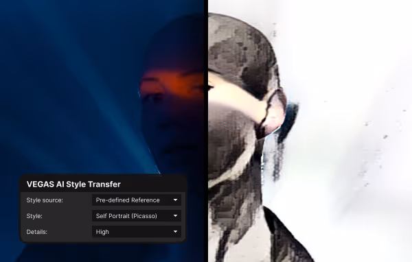 Side-by-side comparison of a person's face with the left side in dark, natural lighting and the right side transformed into a Picasso-style digital painting.