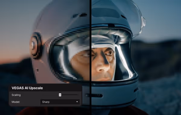 Split-screen image of an astronaut's helmet with the left side pixelated and the right side sharp and clear, demonstrating AI upscaling.