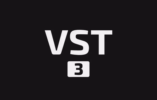 White text "VST" with a small squared block containing the number "3" below it on a black background.