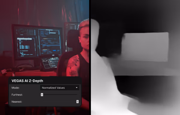 Split-screen showing a person in a dark room with computer screens on the left and a grayscale depth map of the scene on the right.