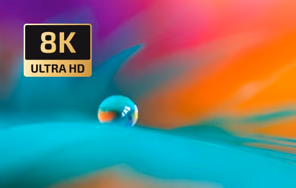 Colorful abstract background with a small reflective sphere and an 8K Ultra HD label.