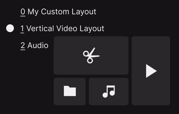 Vegas Pro interface showing layout options including Custom Layout, Vertical Video Layout selected, and Audio with icons for cut, folder, music note, and play.