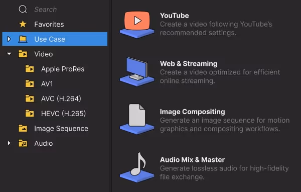 Editing software interface showing Use Case menu with options for YouTube, Web & Streaming, Image Compositing, and Audio Mix & Master.