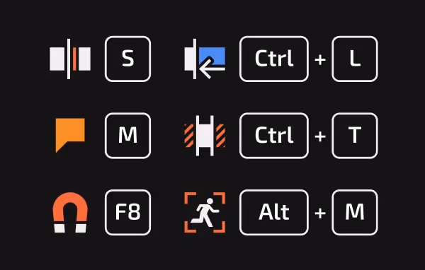 Grid of nine keyboard shortcut icons from Vegas Pro, including S, Ctrl+L, M, Ctrl+T, F8, and Alt+M keys paired with symbols for splitting, snapping, markers, trimming, magnet, and tracking.
