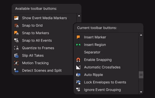 Two dropdown menus showing options for available and current toolbar buttons in video editing software, including markers, snapping, tracking, and event grouping.