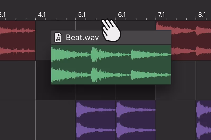 Digital audio workstation interface showing a green waveform audio clip labeled Beat.wav being dragged by a hand cursor between time markers 5.1 and 6.1.
