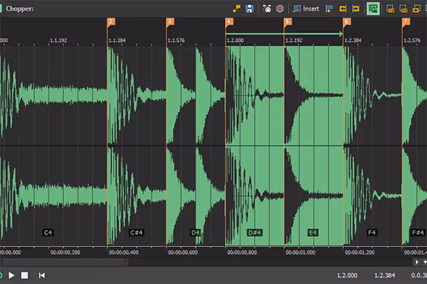 Audio editing software interface showing green waveform segments labeled with musical notes and time markers.