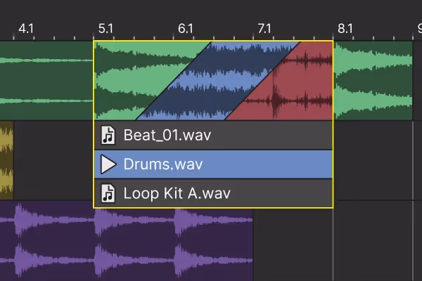 Digital audio workstation interface showing multiple overlapping audio tracks labeled Beat_01.wav, Drums.wav, and Loop Kit A.wav with waveforms in green, blue, red, and purple.