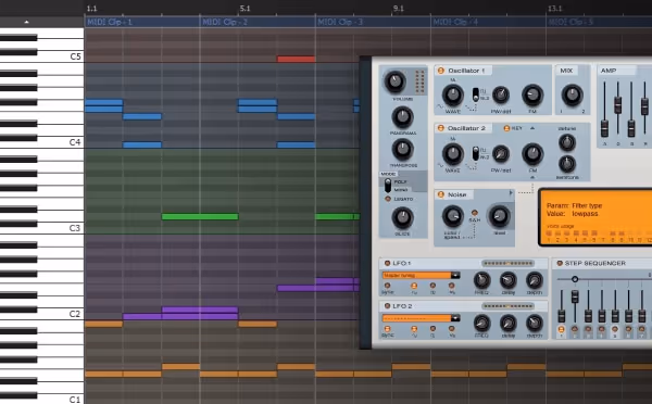 Digital audio workstation screen showing a piano roll with colored MIDI notes on a keyboard grid and a synthesizer interface with oscillators and filter settings.