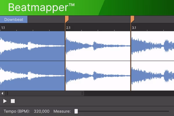 Beatmapper audio editing interface showing waveform patterns and tempo set to 320 BPM.