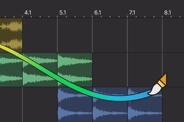 Digital audio workstation timeline showing colored audio clips with a curved automation line ending in a paintbrush icon.