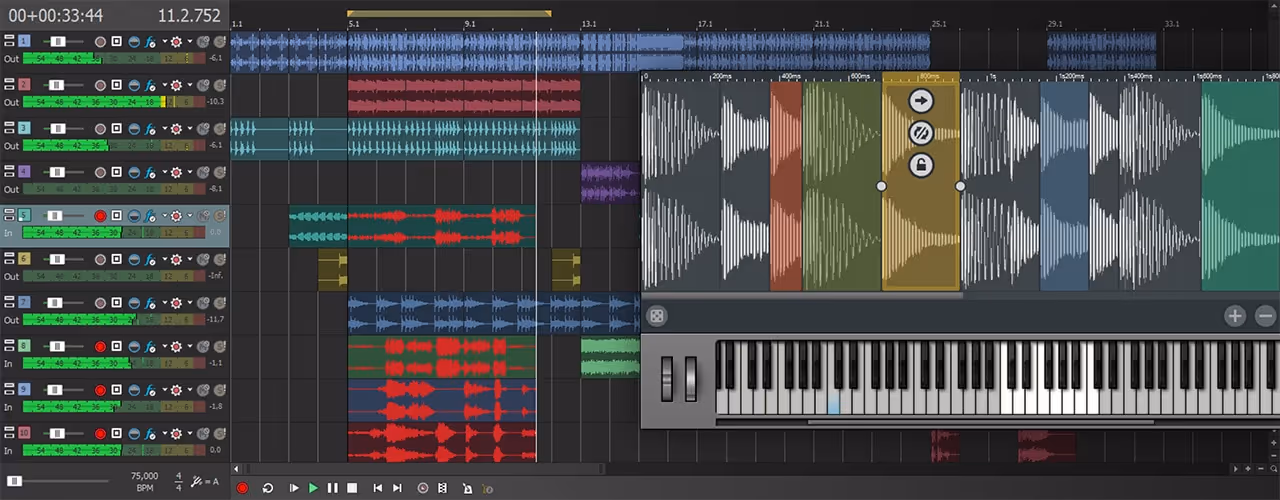 Digital audio workstation interface showing multiple colored audio tracks, a timeline with waveform patterns, and a virtual piano keyboard for music production.