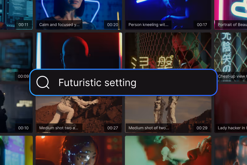 Screen showing a search bar with text "Futuristic setting" overlaid on a grid of video thumbnails featuring people in space suits and neon-lit scenes.