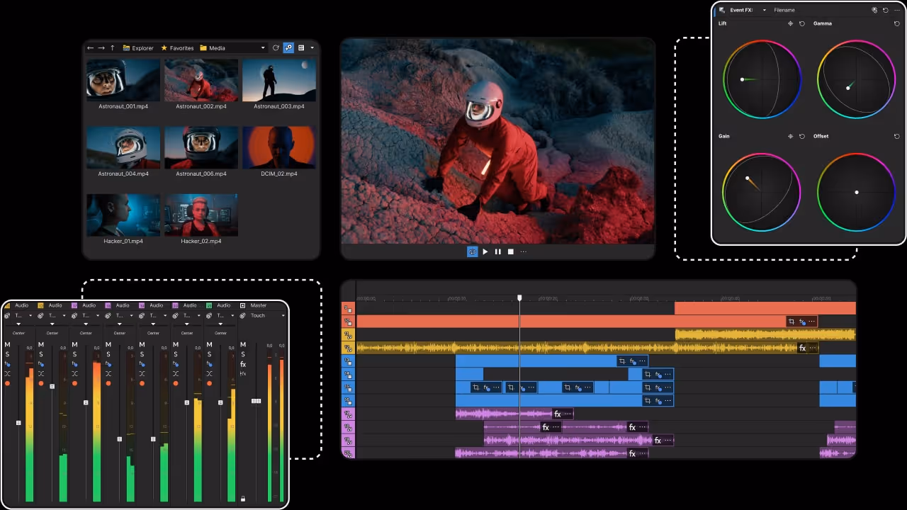 Video editing software interface showing media thumbnails, a preview of an astronaut on rocky terrain, color correction wheels, audio mixer levels, and a multi-track timeline with clips.