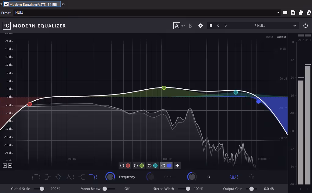Modern Equalizer interface showing a frequency response curve with four adjustment points and an output gain at 0.0 dB.