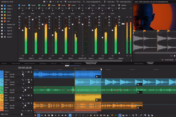 Video editing software interface showing multiple audio tracks with volume meters, waveforms, and a preview window with a person's face.