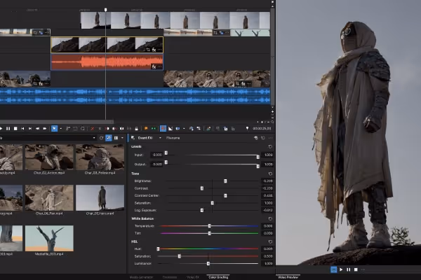 Video editing software interface showing timeline with video clips and audio waveforms alongside color grading controls and a preview of a cloaked figure standing on rocky terrain.