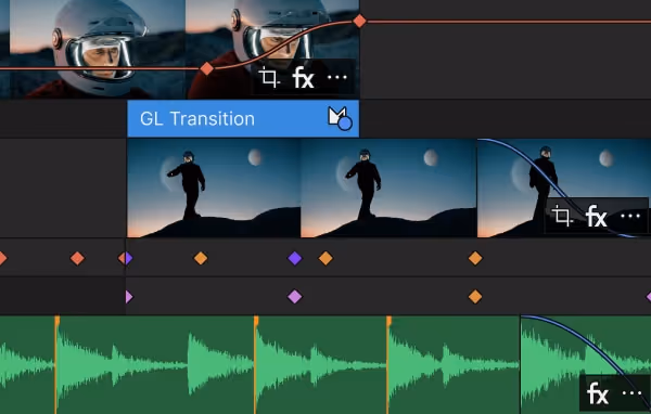 Video editing timeline with clips showing a person in a helmet and a silhouette against a moonlit sky, including audio waveforms and effect markers.