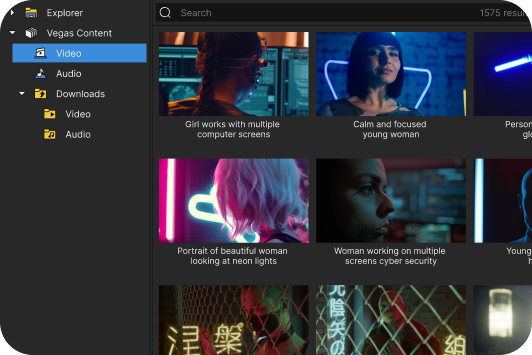 File explorer window showing folders and video thumbnails with filenames like Action Close Up.mp4 and Detail B-Roll.mp4.