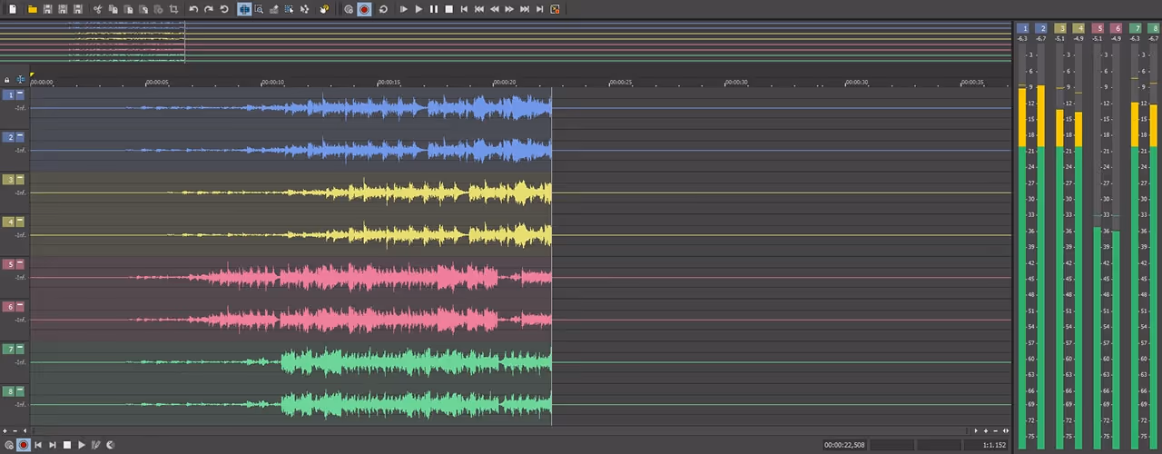 Digital audio workstation interface showing eight color-coded audio tracks with waveforms and volume meters on the right side.