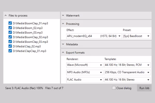 Sound Forge Batch Converter window showing seven audio files queued for processing, with effects, metadata, and export format options including Wave, MP3, and FLAC selected.