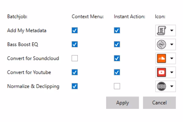 User interface showing a list of batch jobs with checkboxes under Context Menu and Instant Action columns, plus corresponding icons and Apply and Cancel buttons.