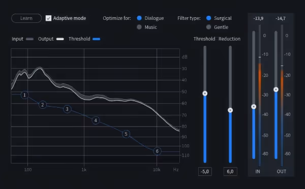 Audio noise reduction software interface showing adaptive mode, dialogue optimization, surgical and gentle filter types, with frequency response graph and adjustable sliders for threshold and reduction.